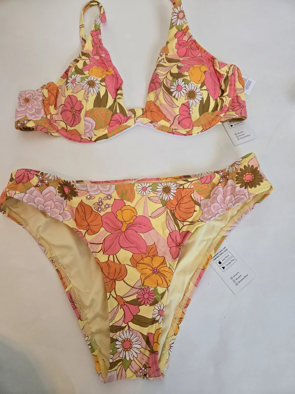 NEW Floral Pink & Orange Bikini Set - Women's Top Size Medium & Bottoms Size S